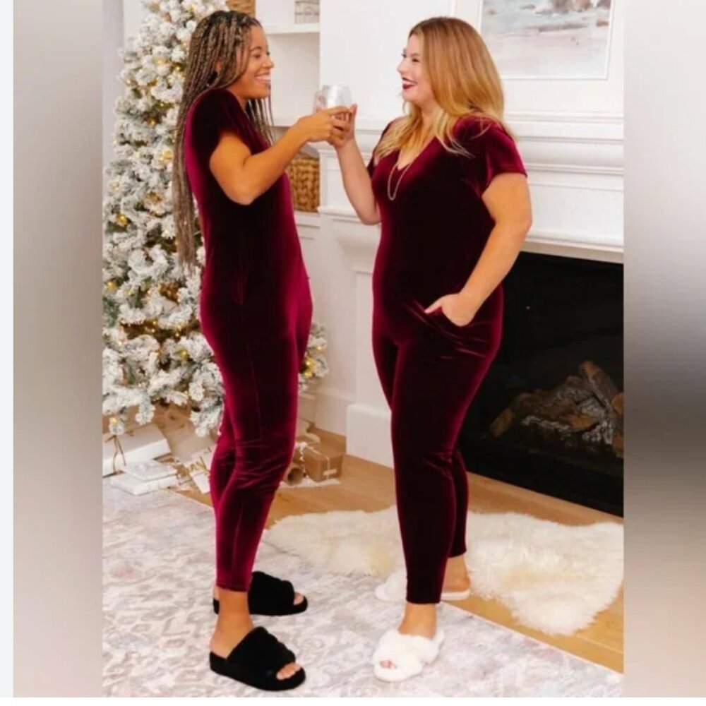 Smash + Tess Velvet Jumpsuit in Deep Burgundy